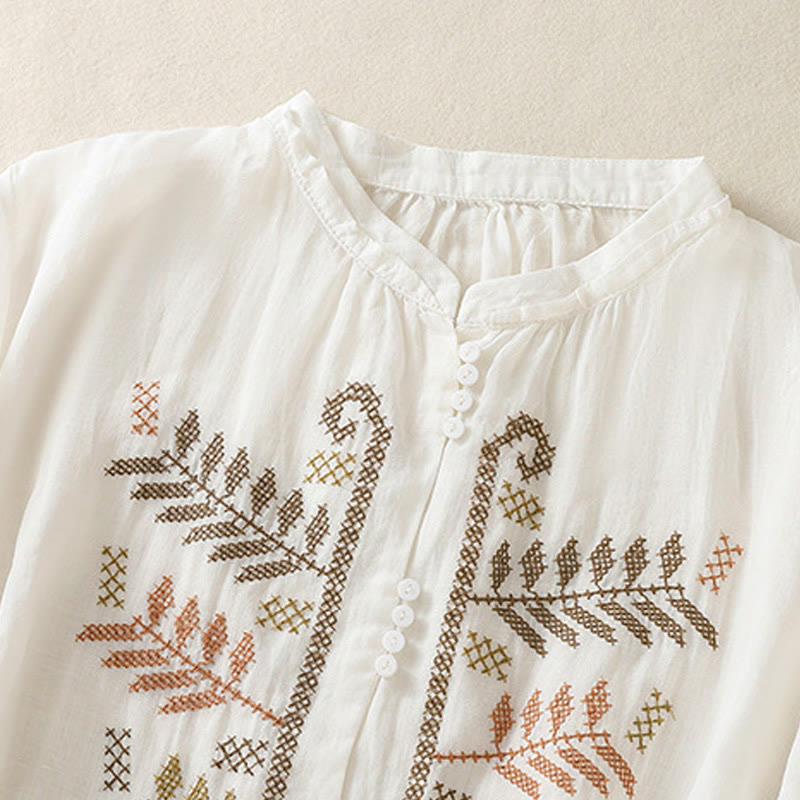 Camisa de lino y algodón para mujer, manga tres cuartos, estilo cárdigan informal con bordado artístico de Buddha Stones - image 15