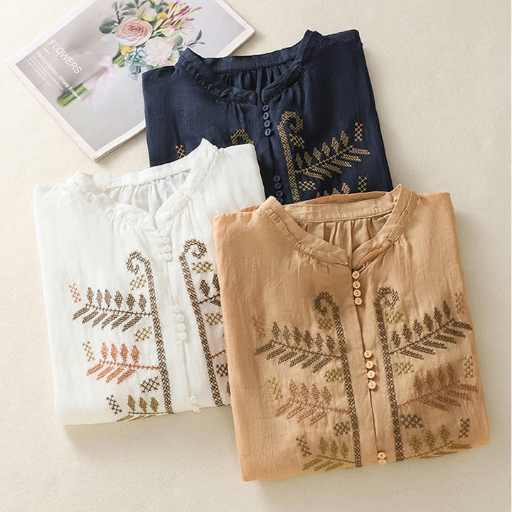 Camisa de lino y algodón para mujer, manga tres cuartos, estilo cárdigan informal con bordado artístico de Buddha Stones - image 23