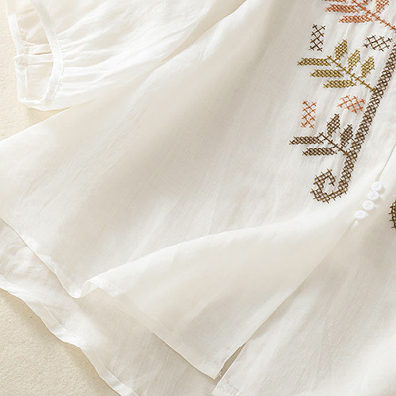 Camisa de lino y algodón para mujer, manga tres cuartos, estilo cárdigan informal con bordado artístico de Buddha Stones - image 20