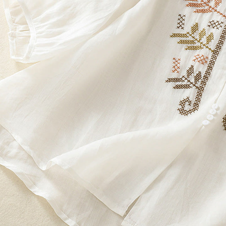 Camisa de lino y algodón para mujer, manga tres cuartos, estilo cárdigan informal con bordado artístico de Buddha Stones - image 20