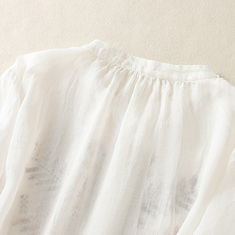 Camisa de lino y algodón para mujer, manga tres cuartos, estilo cárdigan informal con bordado artístico de Buddha Stones - image 16