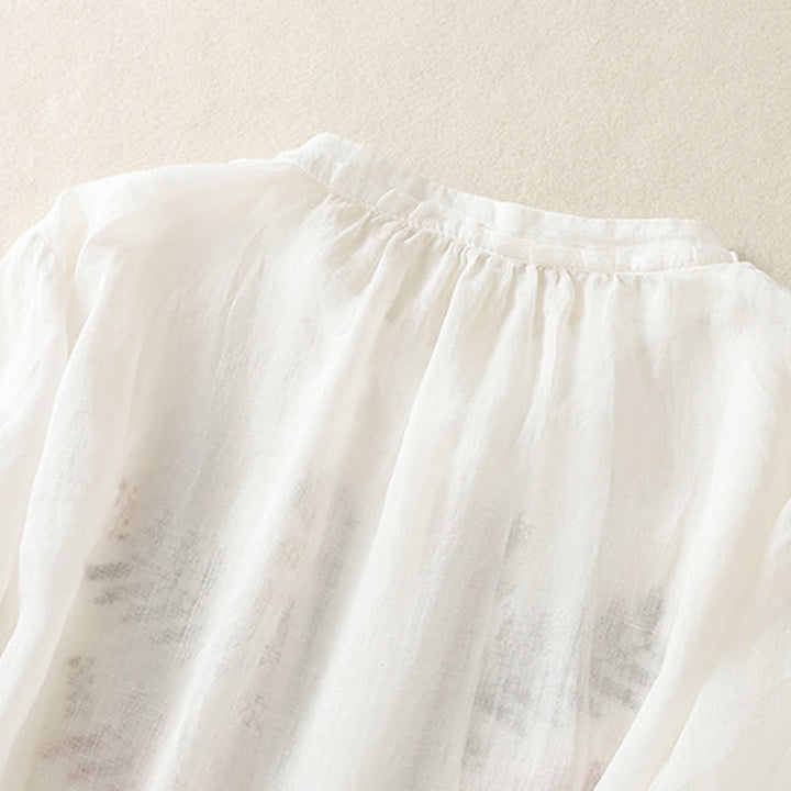 Camisa de lino y algodón para mujer, manga tres cuartos, estilo cárdigan informal con bordado artístico de Buddha Stones - image 16