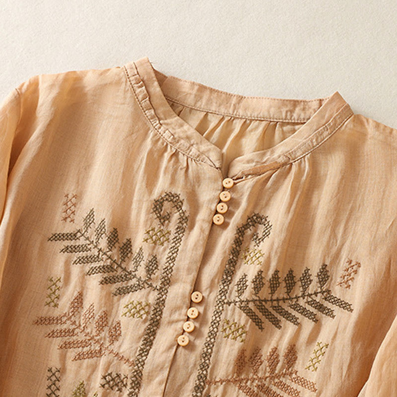 Camisa de lino y algodón para mujer, manga tres cuartos, estilo cárdigan informal con bordado artístico de Buddha Stones - image 2