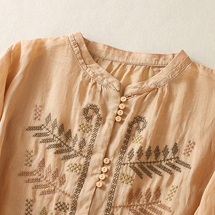 Camisa de lino y algodón para mujer, manga tres cuartos, estilo cárdigan informal con bordado artístico de Buddha Stones - image 2