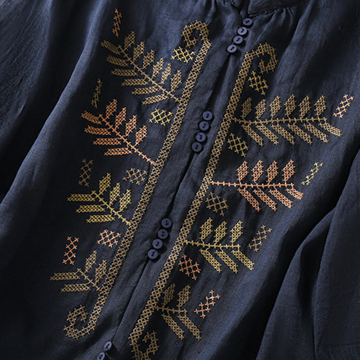 Camisa de lino y algodón para mujer, manga tres cuartos, estilo cárdigan informal con bordado artístico de Buddha Stones - image 12