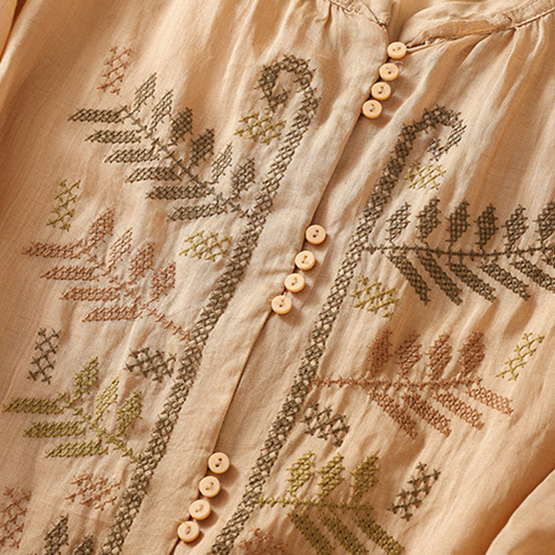 Camisa de lino y algodón para mujer, manga tres cuartos, estilo cárdigan informal con bordado artístico de Buddha Stones - image 5