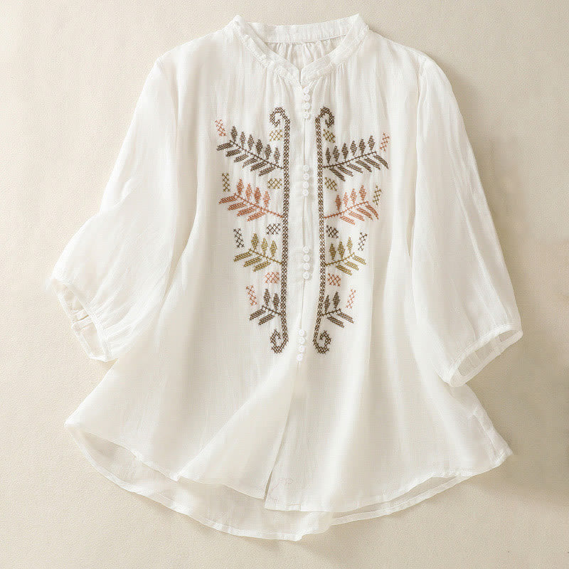 Camisa de lino y algodón para mujer, manga tres cuartos, estilo cárdigan informal con bordado artístico de Buddha Stones - Blanco - US8-10，UK/AU12-14，EU40-42 (2XL) - image 14