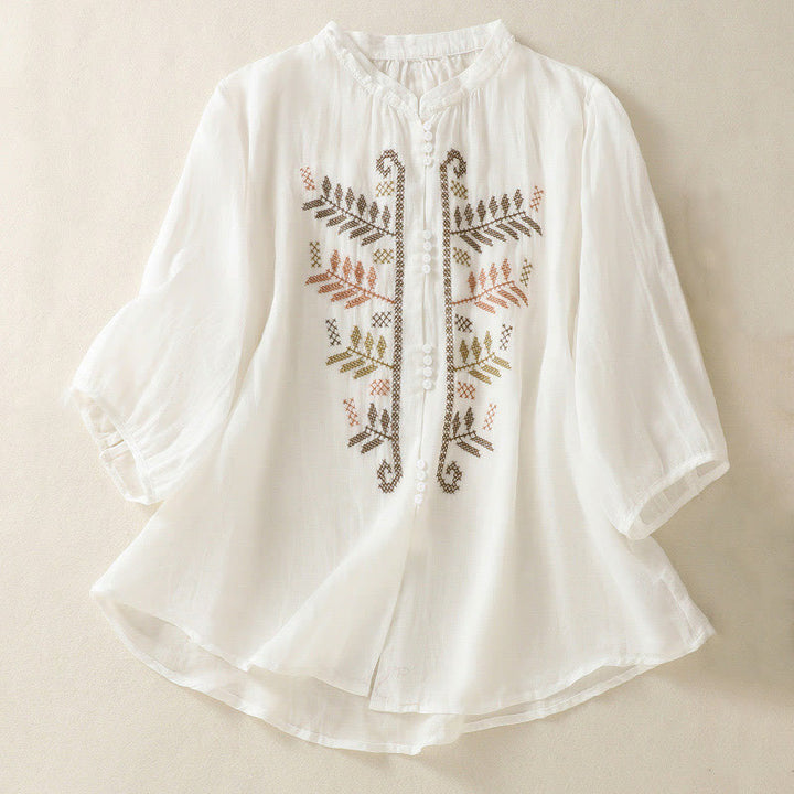 Camisa de lino y algodón para mujer, manga tres cuartos, estilo cárdigan informal con bordado artístico de Buddha Stones - Blanco - US8-10，UK/AU12-14，EU40-42 (2XL) - image 14