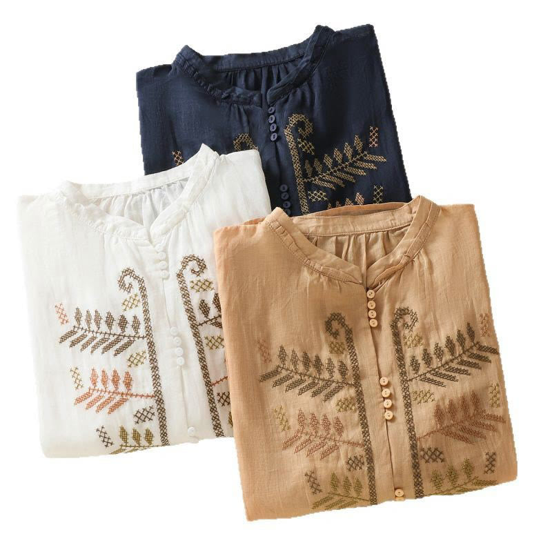 Camisa de lino y algodón para mujer, manga tres cuartos, estilo cárdigan informal con bordado artístico de Buddha Stones - image 24