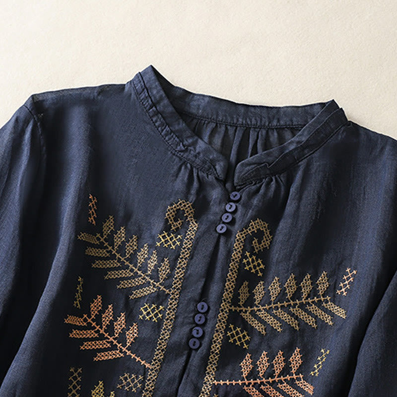 Camisa de lino y algodón para mujer, manga tres cuartos, estilo cárdigan informal con bordado artístico de Buddha Stones - image 9