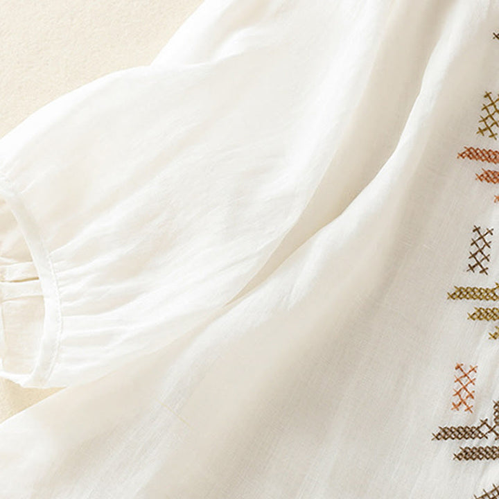 Camisa de lino y algodón para mujer, manga tres cuartos, estilo cárdigan informal con bordado artístico de Buddha Stones - image 17