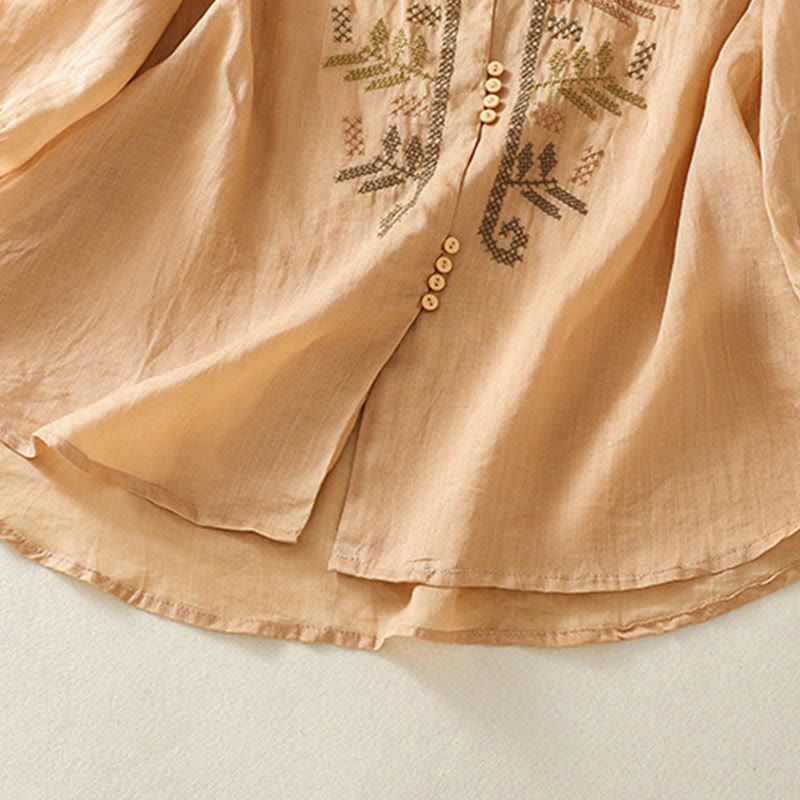 Camisa de lino y algodón para mujer, manga tres cuartos, estilo cárdigan informal con bordado artístico de Buddha Stones - image 7