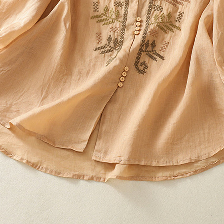 Camisa de lino y algodón para mujer, manga tres cuartos, estilo cárdigan informal con bordado artístico de Buddha Stones - image 7