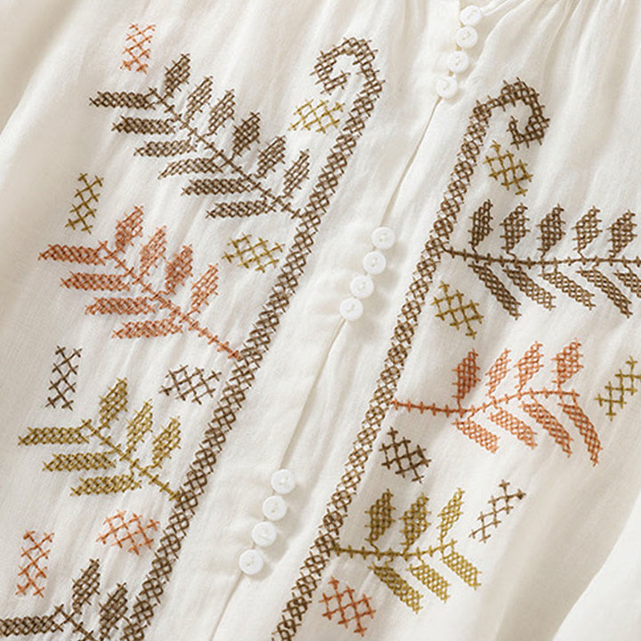 Camisa de lino y algodón para mujer, manga tres cuartos, estilo cárdigan informal con bordado artístico de Buddha Stones - image 18