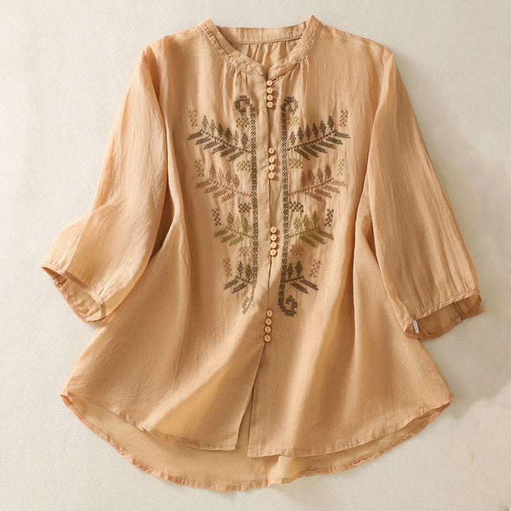 Camisa de lino y algodón para mujer, manga tres cuartos, estilo cárdigan informal con bordado artístico de Buddha Stones - Naranja - US8-10，UK/AU12-14，EU40-42 (2XL) - image 0