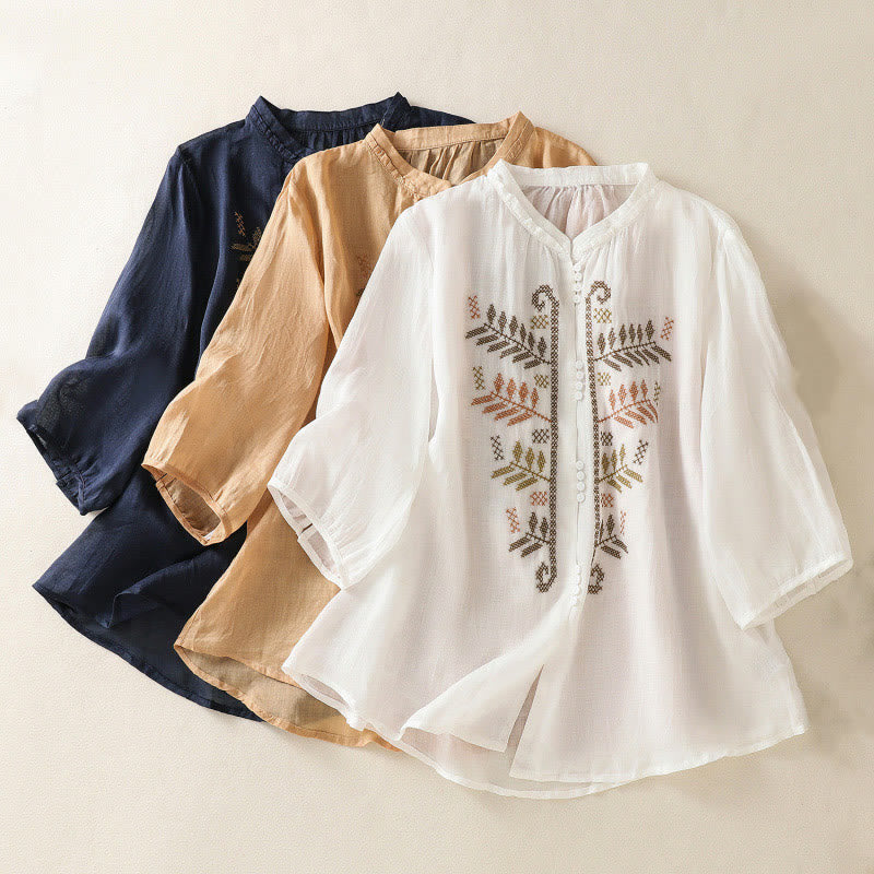 Camisa de lino y algodón para mujer, manga tres cuartos, estilo cárdigan informal con bordado artístico de Buddha Stones - image 22