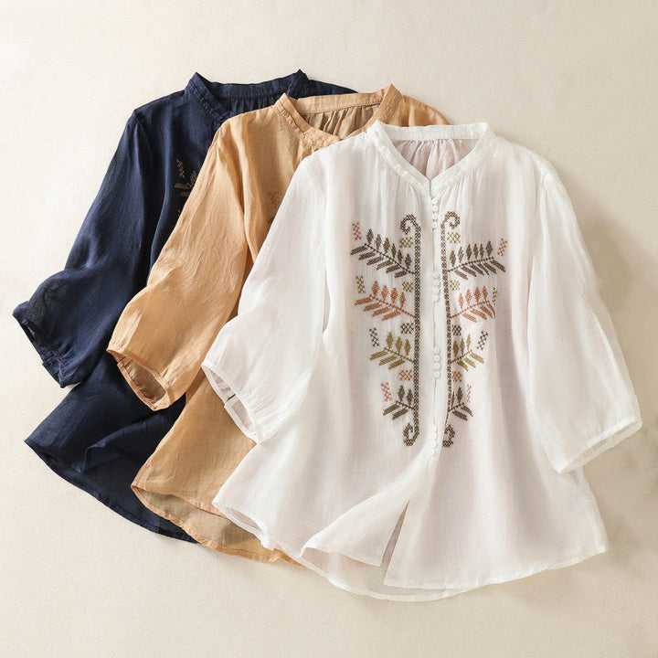 Camisa de lino y algodón para mujer, manga tres cuartos, estilo cárdigan informal con bordado artístico de Buddha Stones - image 22