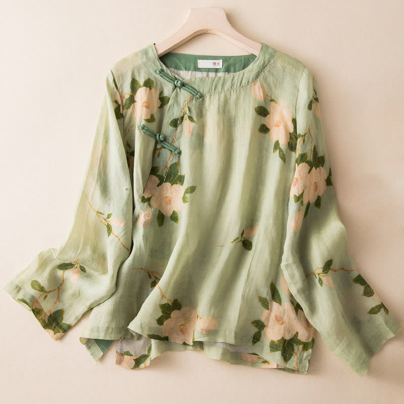 Camisa de lino y algodón de manga larga para mujer, estilo cárdigan informal con estampado artístico de flores y botones de rana china, color verde claro y piedras de Buddha Stones - Verde claro - US8-10，UK/AU12-14，EU40-42 (2XL) - image 0