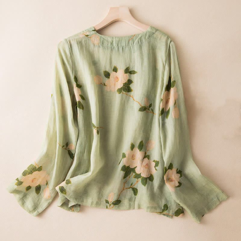 Camisa de lino y algodón de manga larga para mujer, estilo cárdigan informal con estampado artístico de flores y botones de rana china, color verde claro y piedras de Buddha Stones - image 1