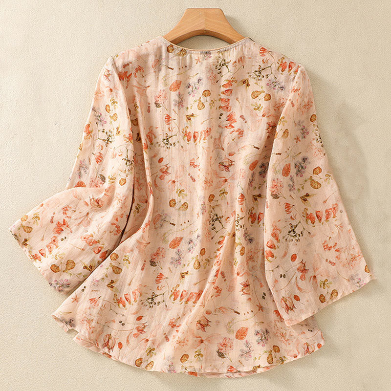 Camisa de manga larga de algodón y lino para mujer, con estampado informal de verano y botones de rana, con Buddha Stones - image 1