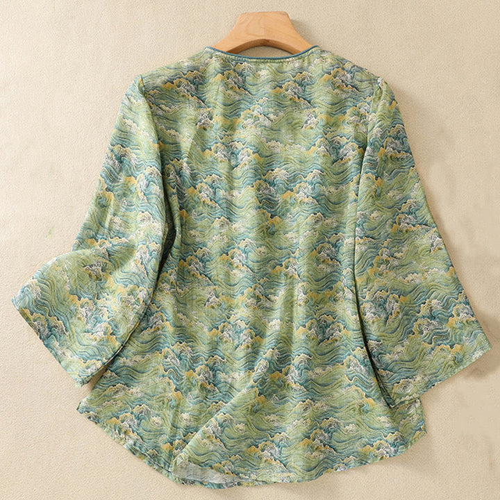 Camisa de manga larga de algodón y lino para mujer, con estampado informal de verano y botones de rana, con Buddha Stones - image 11