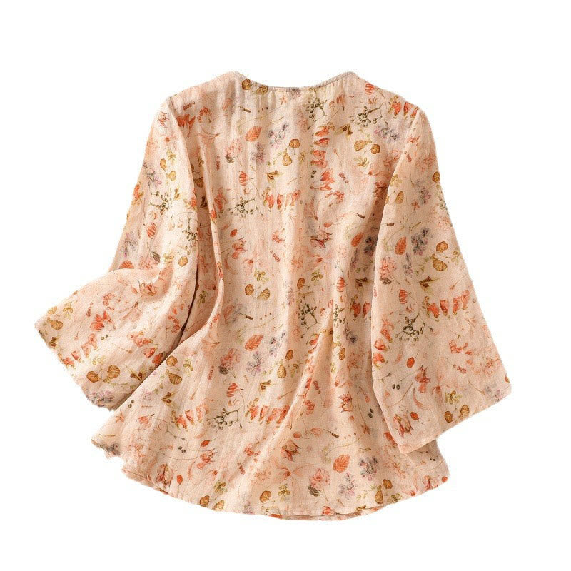 Camisa de manga larga de algodón y lino para mujer, con estampado informal de verano y botones de rana, con Buddha Stones - image 9