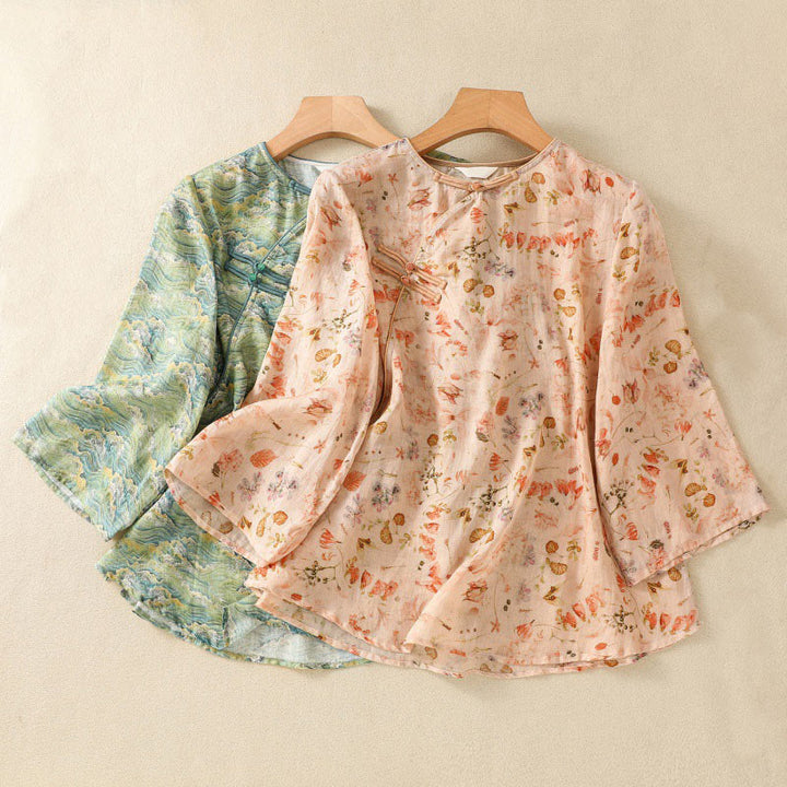 Camisa de manga larga de algodón y lino para mujer, con estampado informal de verano y botones de rana, con Buddha Stones - image 18