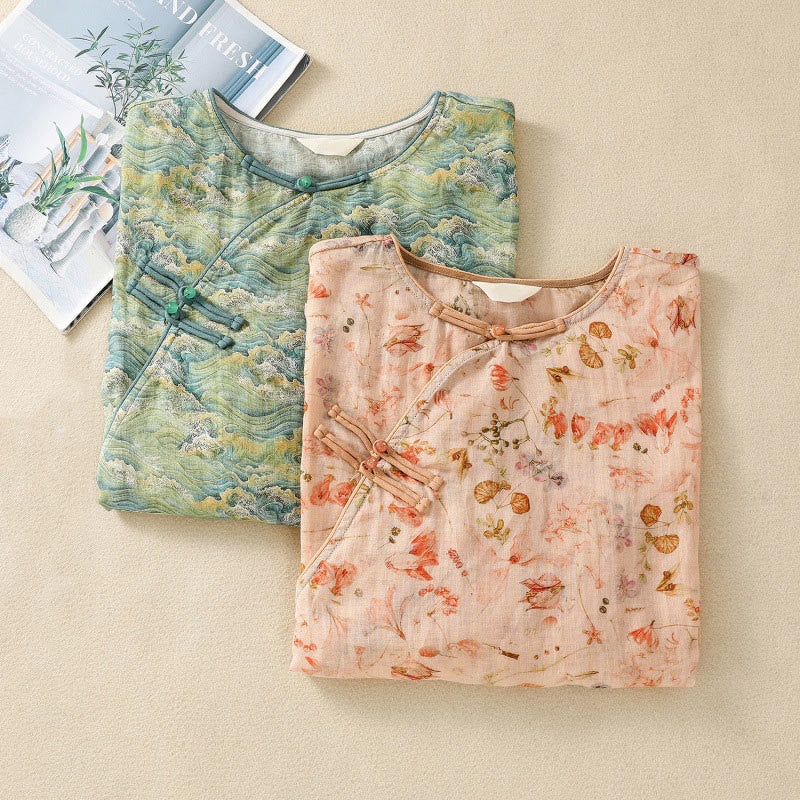 Camisa de manga larga de algodón y lino para mujer, con estampado informal de verano y botones de rana, con Buddha Stones - image 19