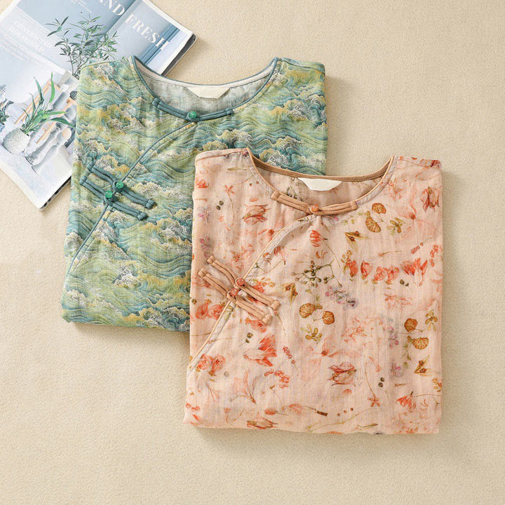 Camisa de manga larga de algodón y lino para mujer, con estampado informal de verano y botones de rana, con Buddha Stones - image 19