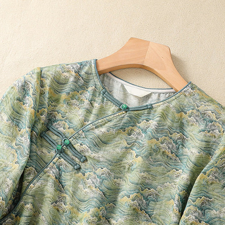 Camisa de manga larga de algodón y lino para mujer, con estampado informal de verano y botones de rana, con Buddha Stones - image 12