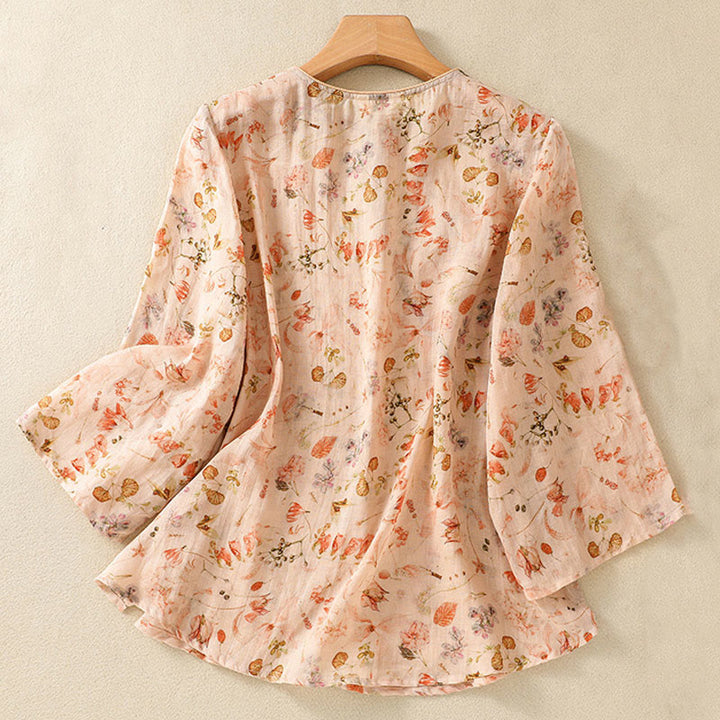 Camisa de manga larga de algodón y lino para mujer, con estampado informal de verano y botones de rana, con Buddha Stones - image 1