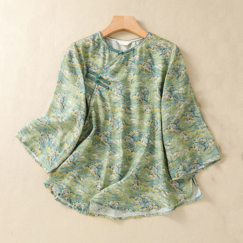 Camisa de manga larga de algodón y lino para mujer, con estampado informal de verano y botones de rana, con Buddha Stones - Verde lima - US8-10，UK/AU12-14，EU40-42 (2XL) - image 10