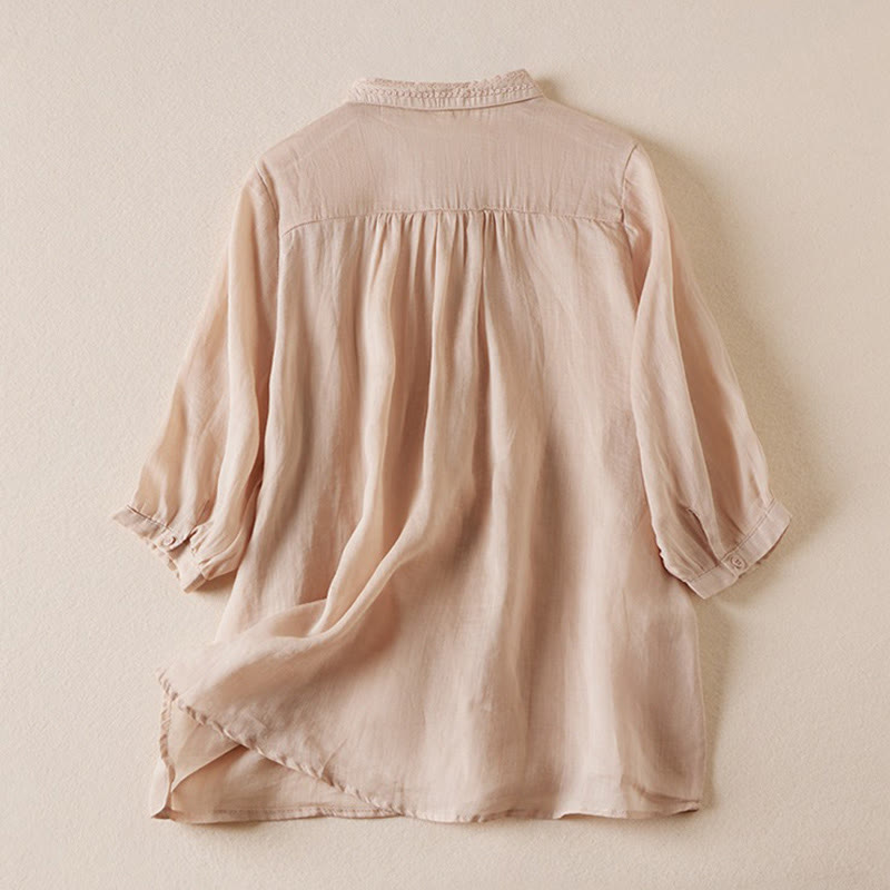 Camisa de lino y algodón de media manga para mujer, estilo vintage, informal, con bordado de botones en color puro y estampado de Buddha Stones - image 1