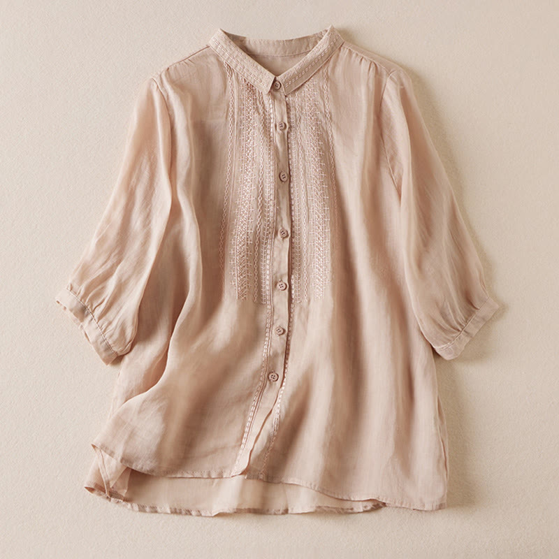 Camisa de lino y algodón de media manga para mujer, estilo vintage, informal, con bordado de botones en color puro y estampado de Buddha Stones - Madera burda - US8-10，UK/AU12-14，EU40-42 (2XL) - image 0