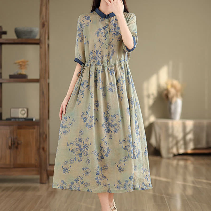 Vestido midi de algodón con media manga y bolsillos, estampado floral retro de Buddha Stones y diseño con cordón ajustable - image 10