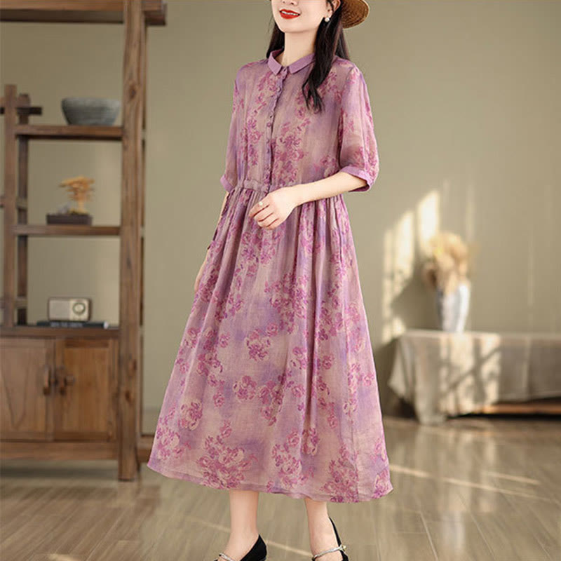 Vestido midi de algodón con media manga y bolsillos, estampado floral retro de Buddha Stones y diseño con cordón ajustable - image 13