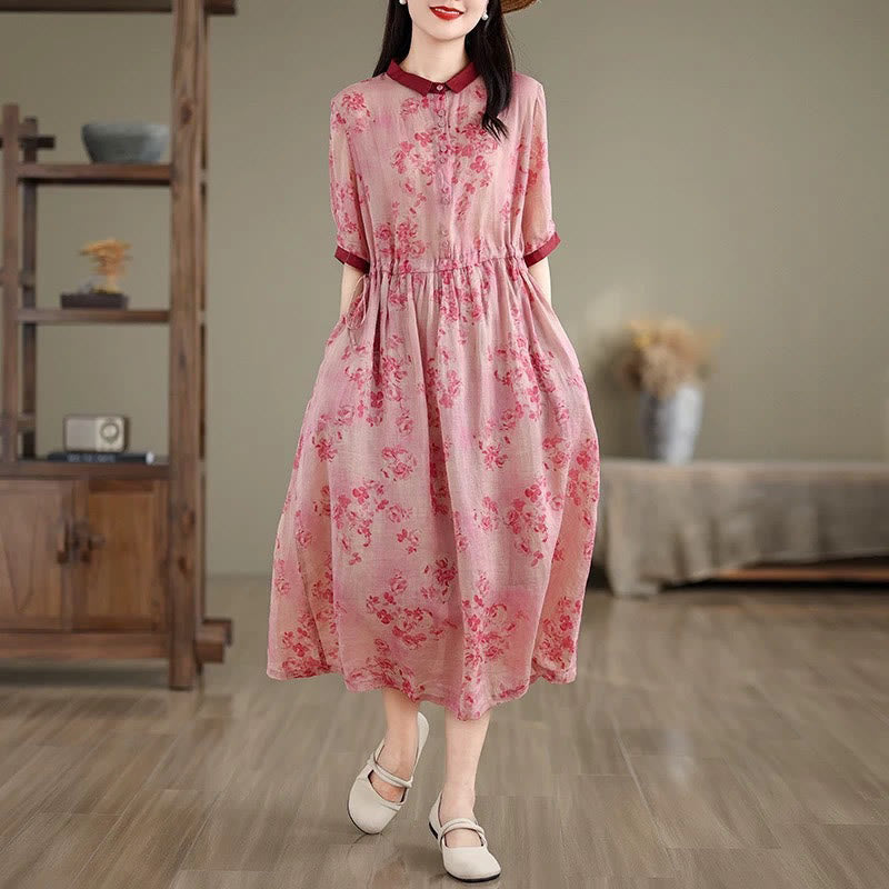 Vestido midi de algodón con media manga y bolsillos, estampado floral retro de Buddha Stones y diseño con cordón ajustable - Rosa oscuro - US8-10，UK/AU12-14，EU40-42 (2XL) - image 0
