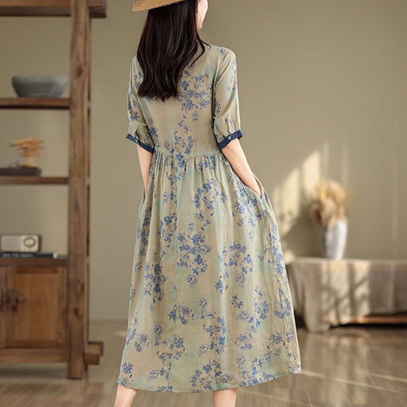 Vestido midi de algodón con media manga y bolsillos, estampado floral retro de Buddha Stones y diseño con cordón ajustable - image 11