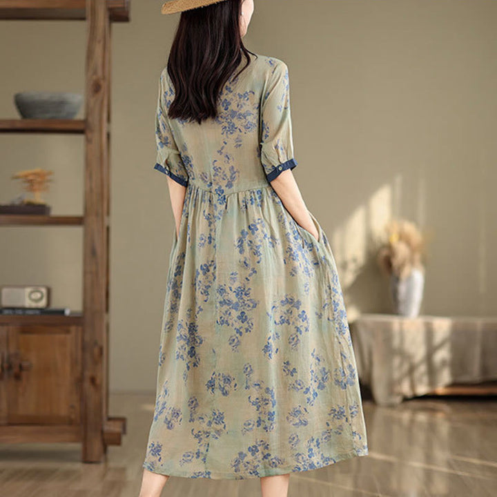 Vestido midi de algodón con media manga y bolsillos, estampado floral retro de Buddha Stones y diseño con cordón ajustable - image 11