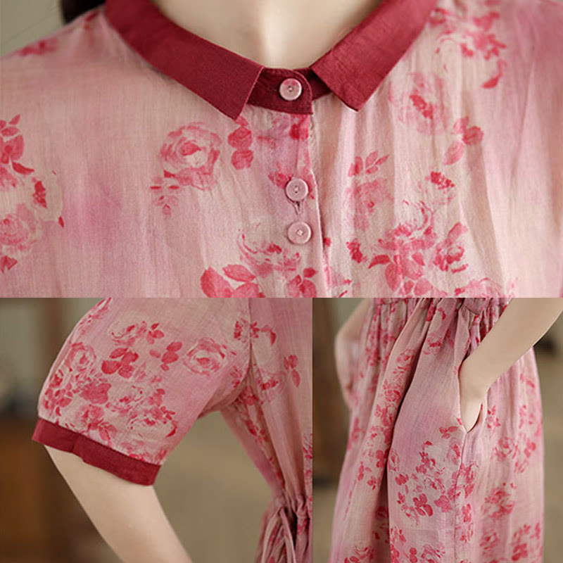 Vestido midi de algodón con media manga y bolsillos, estampado floral retro de Buddha Stones y diseño con cordón ajustable - image 5