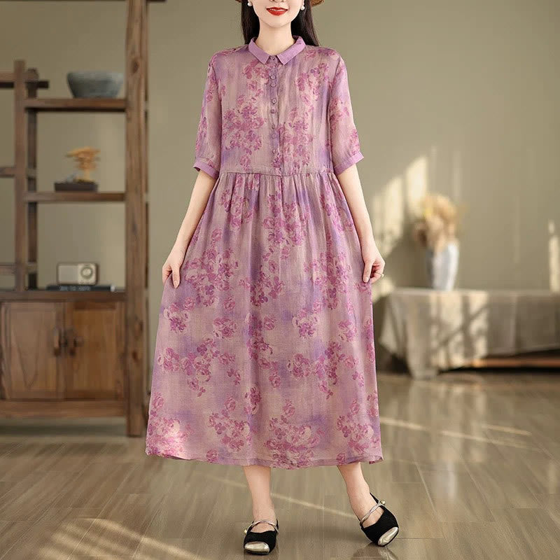 Vestido midi de algodón con media manga y bolsillos, estampado floral retro de Buddha Stones y diseño con cordón ajustable - Magenta - US8-10，UK/AU12-14，EU40-42 (2XL) - image 12