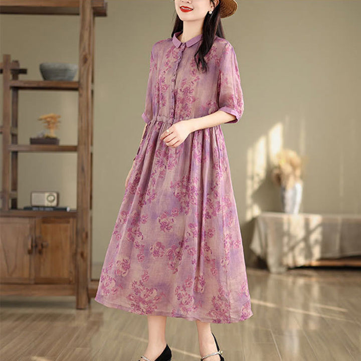 Vestido midi de algodón con media manga y bolsillos, estampado floral retro de Buddha Stones y diseño con cordón ajustable - image 13