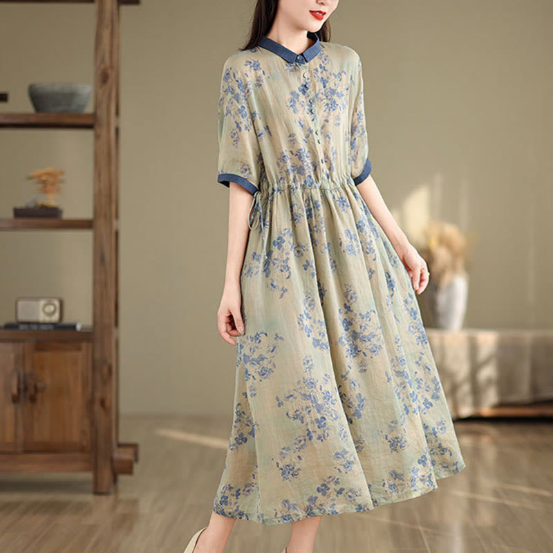 Vestido midi de algodón con media manga y bolsillos, estampado floral retro de Buddha Stones y diseño con cordón ajustable - image 9