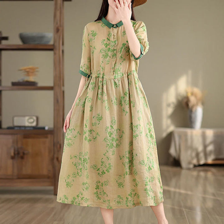 Vestido midi de algodón con media manga y bolsillos, estampado floral retro de Buddha Stones y diseño con cordón ajustable - image 17