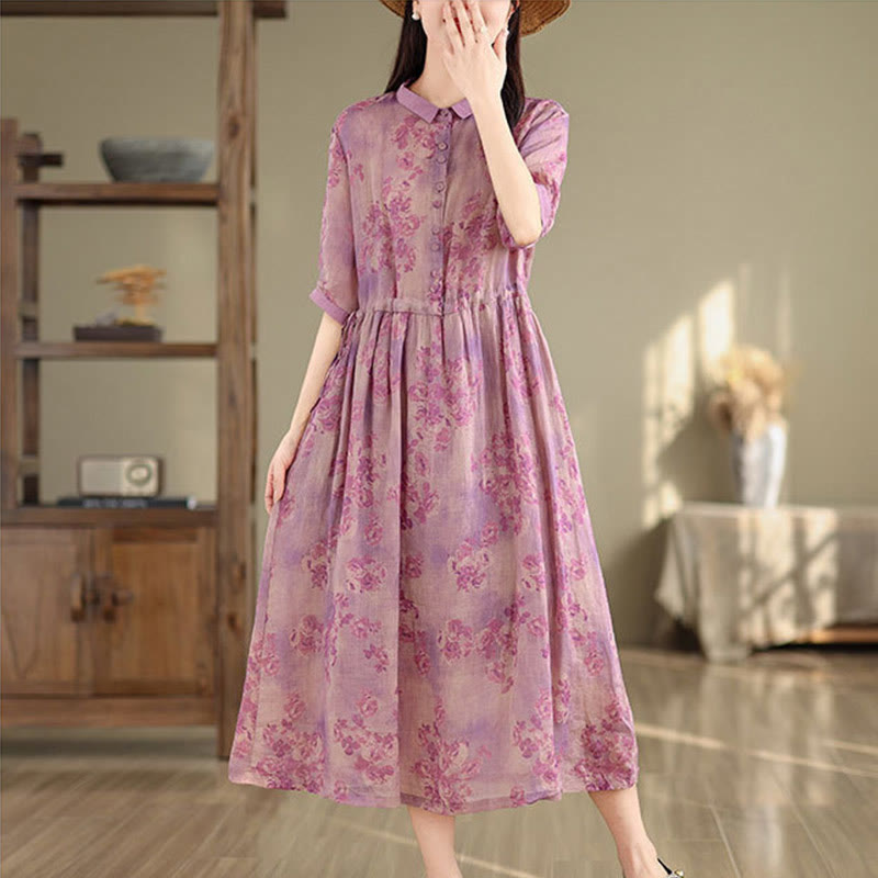 Vestido midi de algodón con media manga y bolsillos, estampado floral retro de Buddha Stones y diseño con cordón ajustable - image 14