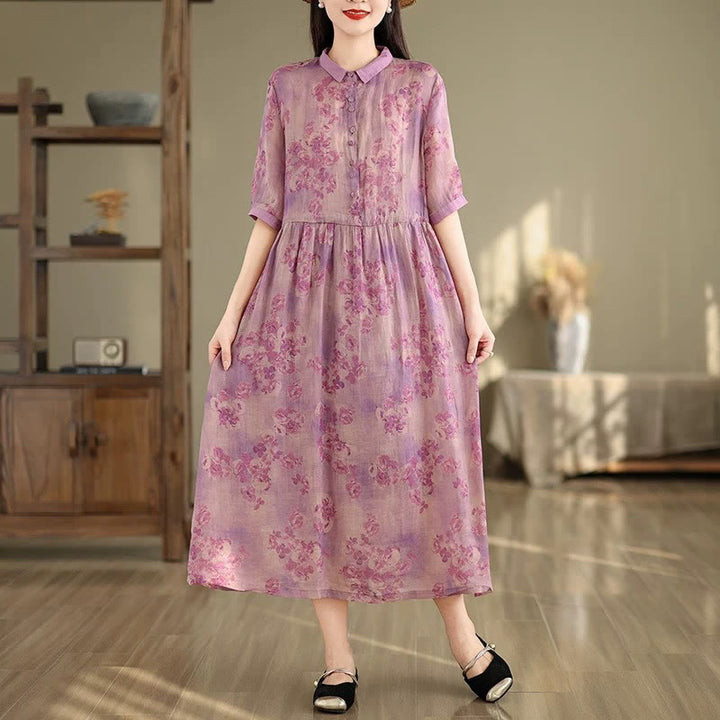 Vestido midi de algodón con media manga y bolsillos, estampado floral retro de Buddha Stones y diseño con cordón ajustable - Magenta - US8-10，UK/AU12-14，EU40-42 (2XL) - image 12