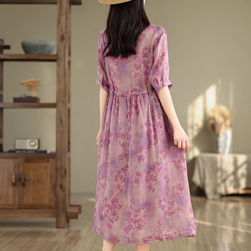 Vestido midi de algodón con media manga y bolsillos, estampado floral retro de Buddha Stones y diseño con cordón ajustable - image 15