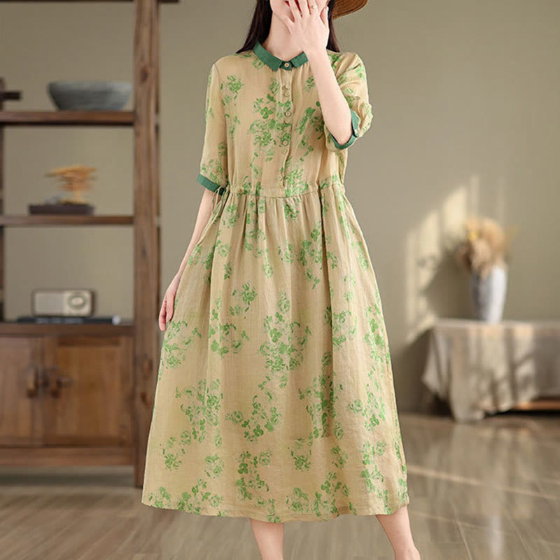 Vestido midi de algodón con media manga y bolsillos, estampado floral retro de Buddha Stones y diseño con cordón ajustable - image 17