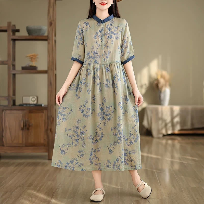 Vestido midi de algodón con media manga y bolsillos, estampado floral retro de Buddha Stones y diseño con cordón ajustable - Azul pizarra oscuro - US8-10，UK/AU12-14，EU40-42 (2XL) - image 8