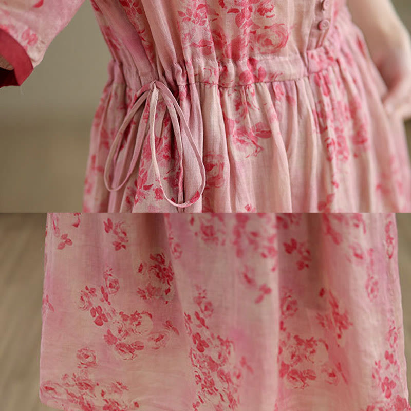 Vestido midi de algodón con media manga y bolsillos, estampado floral retro de Buddha Stones y diseño con cordón ajustable - image 6